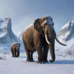 Transitioning into the Ice Age, the landscape covered in snow and ice, mammoths roam the frigid lands while early humans struggle to survive in primitive caves.