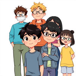 A lively illustration featuring six distinct characters together