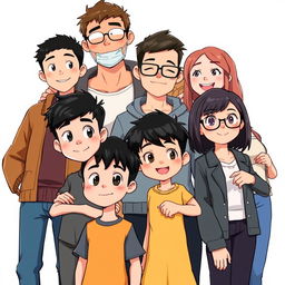 A lively illustration featuring six distinct characters together