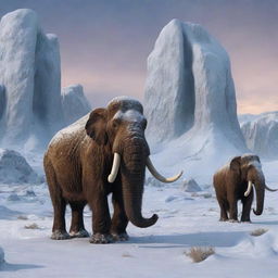 Transitioning into the Ice Age, the landscape covered in snow and ice, mammoths roam the frigid lands while early humans struggle to survive in primitive caves.