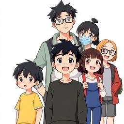 An energetic illustration depicting six characters gathered together