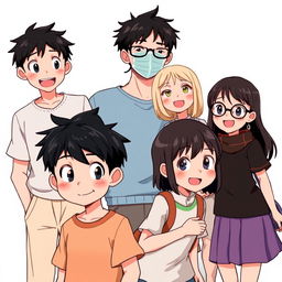 An energetic illustration depicting six characters gathered together