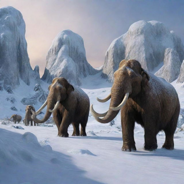 Transitioning into the Ice Age, the landscape covered in snow and ice, mammoths roam the frigid lands while early humans struggle to survive in primitive caves.