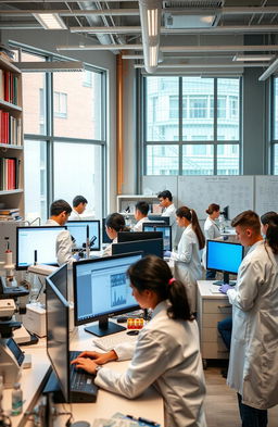 A vibrant, modern laboratory setting filled with advanced medical research equipment