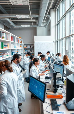 A vibrant, modern laboratory setting filled with advanced medical research equipment