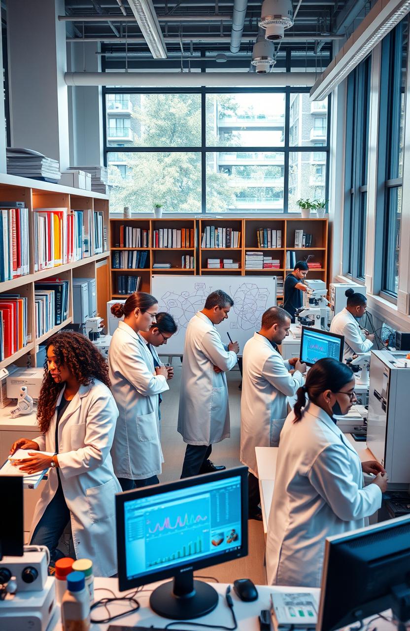 A vibrant, modern laboratory setting filled with advanced medical research equipment