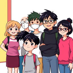 A vibrant scene depicting six unique characters gathered together