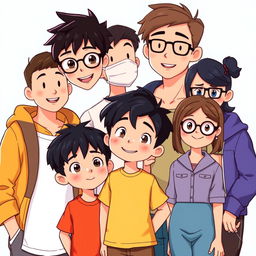 A vibrant scene depicting six unique characters gathered together