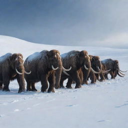 An image of a herd of majestic mammoths with long, curved tusks meandering through the snowy expanse during the Ice Age.