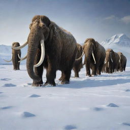 An image of a herd of majestic mammoths with long, curved tusks meandering through the snowy expanse during the Ice Age.