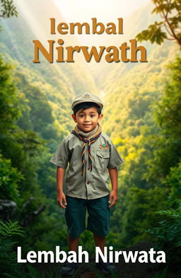 A young boy scout stands confidently in the middle of a dense, lush forest, showcasing the beauty of nature surrounding him