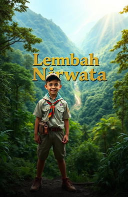 A young boy scout stands confidently in the middle of a dense, lush forest, showcasing the beauty of nature surrounding him