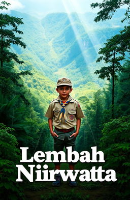 A young boy scout stands confidently in the middle of a dense, lush forest, showcasing the beauty of nature surrounding him