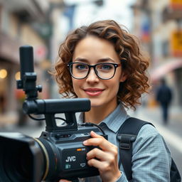 A full-body image of a 30-year-old female television operator, with curly brown hair and sky-blue eyes, wearing glasses
