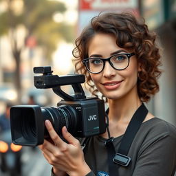 A full-body image of a 30-year-old female television operator, with curly brown hair and sky-blue eyes, wearing glasses