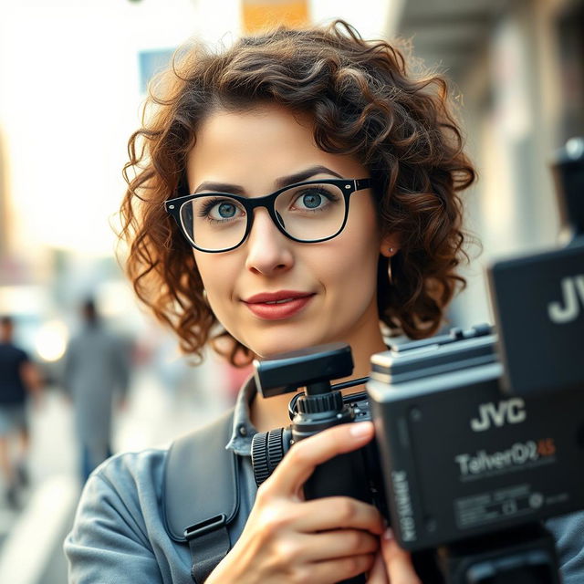 A full-body image of a 30-year-old female television operator, with curly brown hair and sky-blue eyes, wearing glasses