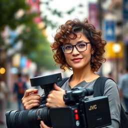 A full-body image of a 30-year-old female television operator, with curly brown hair and sky-blue eyes, wearing glasses