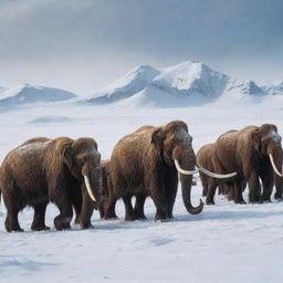 An image of a herd of majestic mammoths with long, curved tusks meandering through the snowy expanse during the Ice Age.