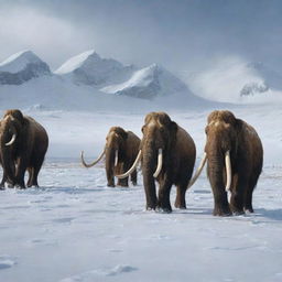 An image of a herd of majestic mammoths with long, curved tusks meandering through the snowy expanse during the Ice Age.