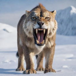 An image of a majestic Saber-toothed cat, lurking in the snowy landscape of the Ice Age, its long, curved fangs ready for action.