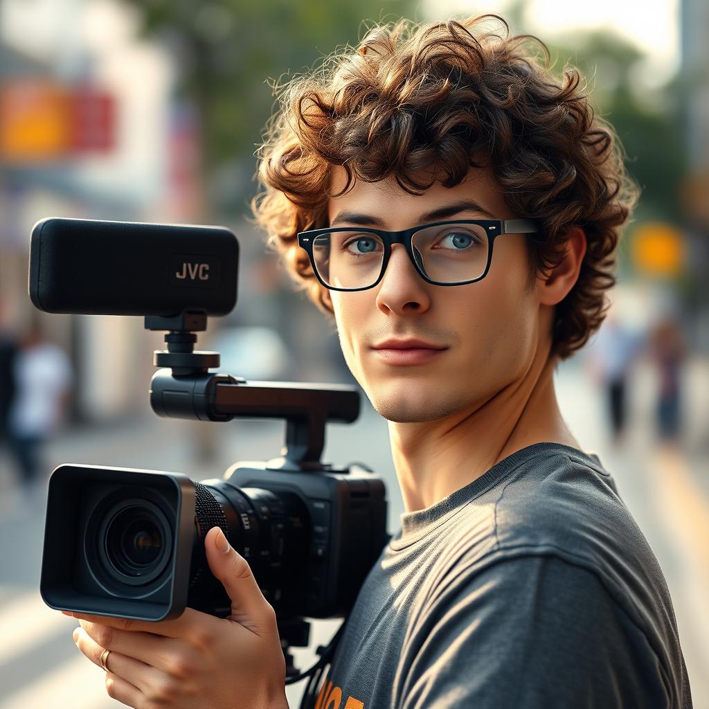 A full-body portrait of a 30-year-old television operator, with curly brown hair, blue eyes, and wearing glasses, holding a JVC camera