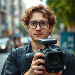 A full-body portrait of a 30-year-old television operator, with curly brown hair, blue eyes, and wearing glasses, holding a JVC camera