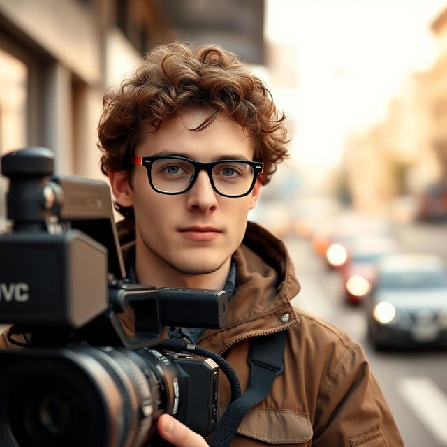 A full-body portrait of a 30-year-old television operator, with curly brown hair, blue eyes, and wearing glasses, holding a JVC camera