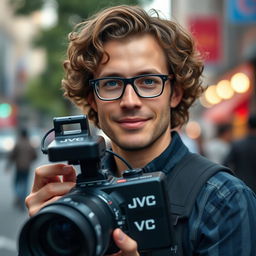 A full-body portrait of a 30-year-old television operator, with curly brown hair, blue eyes, and wearing glasses, holding a JVC camera
