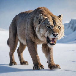 An image of a majestic Saber-toothed cat, lurking in the snowy landscape of the Ice Age, its long, curved fangs ready for action.