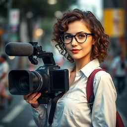 A full-body image of a 30-year-old female TV operator, holding a JVC camera