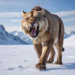 An image of a majestic Saber-toothed cat, lurking in the snowy landscape of the Ice Age, its long, curved fangs ready for action.