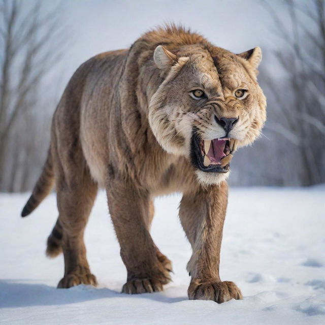 An image of a majestic Saber-toothed cat, lurking in the snowy landscape of the Ice Age, its long, curved fangs ready for action.