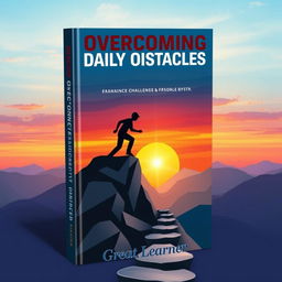 A motivational book cover titled "Overcoming Daily Obstacles by Great Learner" featuring an abstract image of a determined individual climbing a mountain representing challenges and obstacles