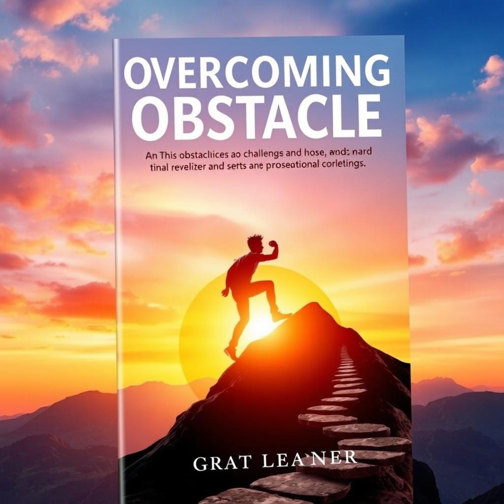 A motivational book cover titled "Overcoming Daily Obstacles by Great Learner" featuring an abstract image of a determined individual climbing a mountain representing challenges and obstacles