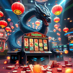 An exciting scene featuring a high-tech mahjong slot machine surrounded by vibrant lights and symbols associated with the game