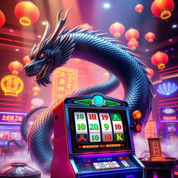 An exciting scene featuring a high-tech mahjong slot machine surrounded by vibrant lights and symbols associated with the game