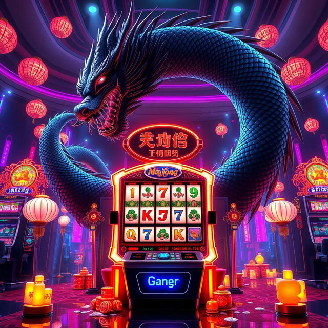 An exciting scene featuring a high-tech mahjong slot machine surrounded by vibrant lights and symbols associated with the game