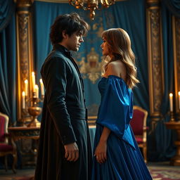 A romantic scene set in a regal palace, where a mysterious bad boy king with dark, tousled hair and piercing blue eyes stands confidently in front of a beautiful heroine