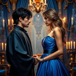 A romantic scene set in a regal palace, where a mysterious bad boy king with dark, tousled hair and piercing blue eyes stands confidently in front of a beautiful heroine
