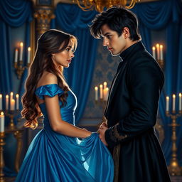 A romantic scene set in a regal palace, where a mysterious bad boy king with dark, tousled hair and piercing blue eyes stands confidently in front of a beautiful heroine