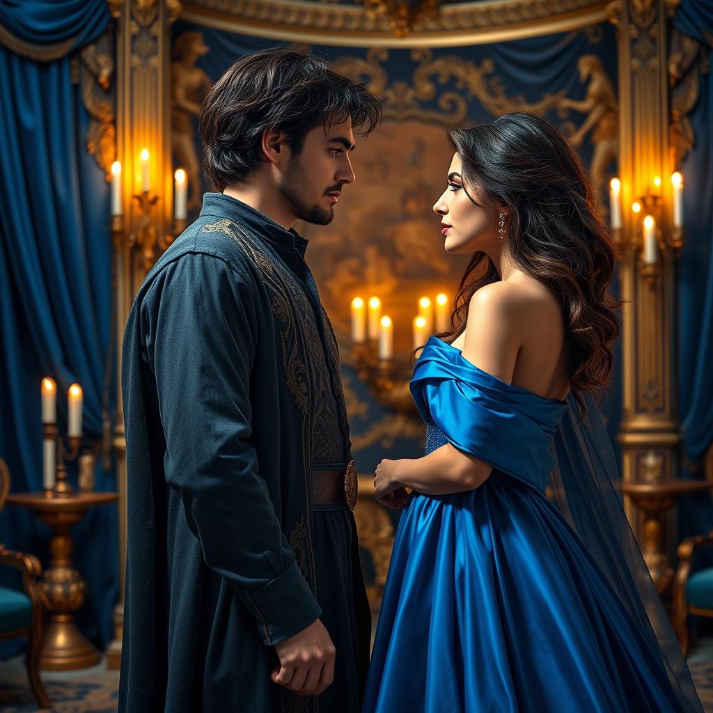 A romantic scene set in a regal palace, where a mysterious bad boy king with dark, tousled hair and piercing blue eyes stands confidently in front of a beautiful heroine