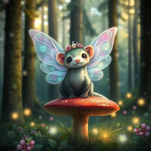 A whimsical fairy ferret with sparkling wings, dappled in vibrant colors of emerald green and lavender, sitting atop a toadstool in an enchanted forest