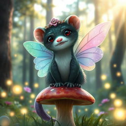 A whimsical fairy ferret with sparkling wings, dappled in vibrant colors of emerald green and lavender, sitting atop a toadstool in an enchanted forest