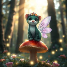 A whimsical fairy ferret with sparkling wings, dappled in vibrant colors of emerald green and lavender, sitting atop a toadstool in an enchanted forest