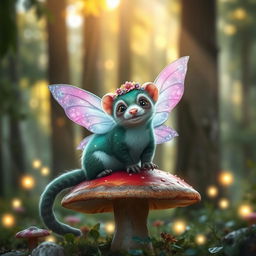 A whimsical fairy ferret with sparkling wings, dappled in vibrant colors of emerald green and lavender, sitting atop a toadstool in an enchanted forest