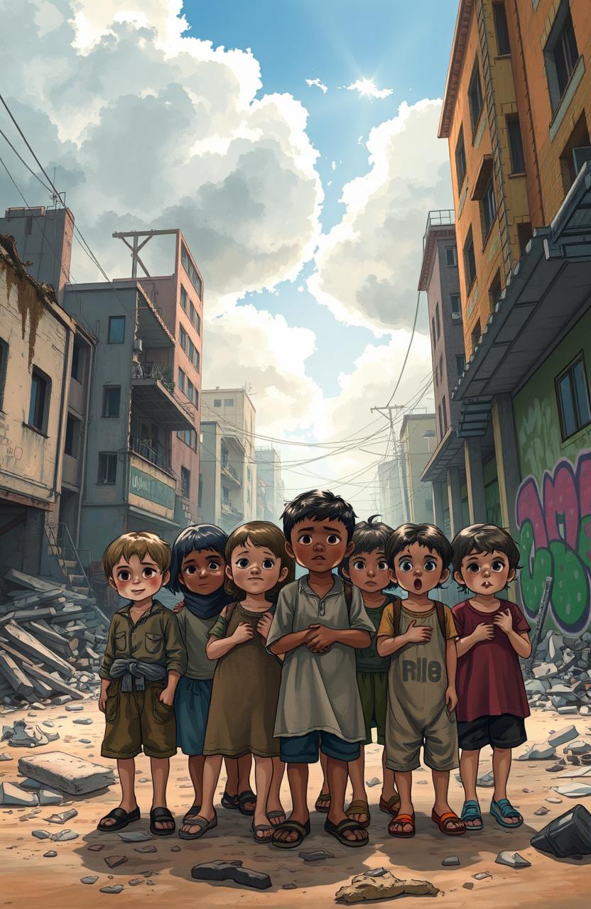 A poignant cover illustration depicting a group of children in a rundown urban environment, showcasing their resilience and hope despite their challenging circumstances