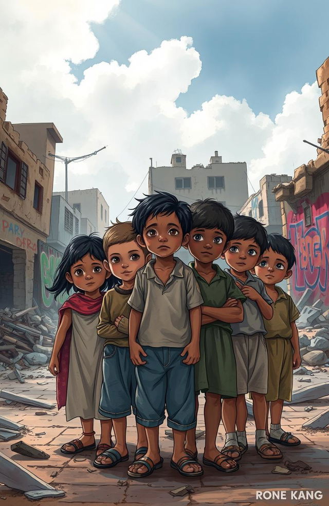 A poignant cover illustration depicting a group of children in a rundown urban environment, showcasing their resilience and hope despite their challenging circumstances