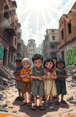 A poignant cover illustration depicting a group of children in a rundown urban environment, showcasing their resilience and hope despite their challenging circumstances