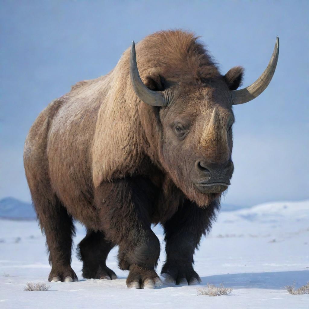 An image of a Woolly Rhino, its distinctive hair-covered body blending with the snowy terrain of the Ice Age, standing out as a major player in this frozen era.