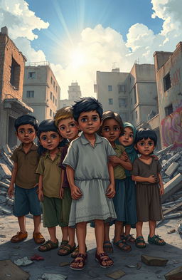 A poignant cover illustration depicting a group of children in a rundown urban environment, showcasing their resilience and hope despite their challenging circumstances